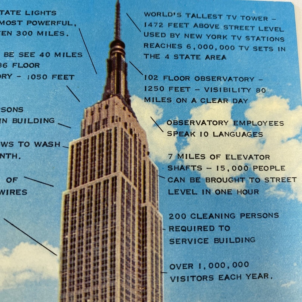 Vintage Empire State Building Postcard NYC New York City Building Facts 50s-70s - Picture 4 of 8